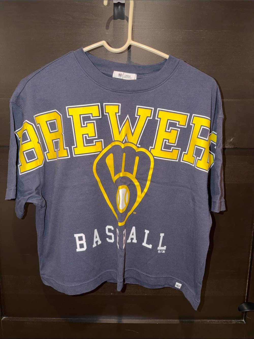 47 Brand Women’s Navy and Yellow Brewers Cropped Short Sleeve Tee